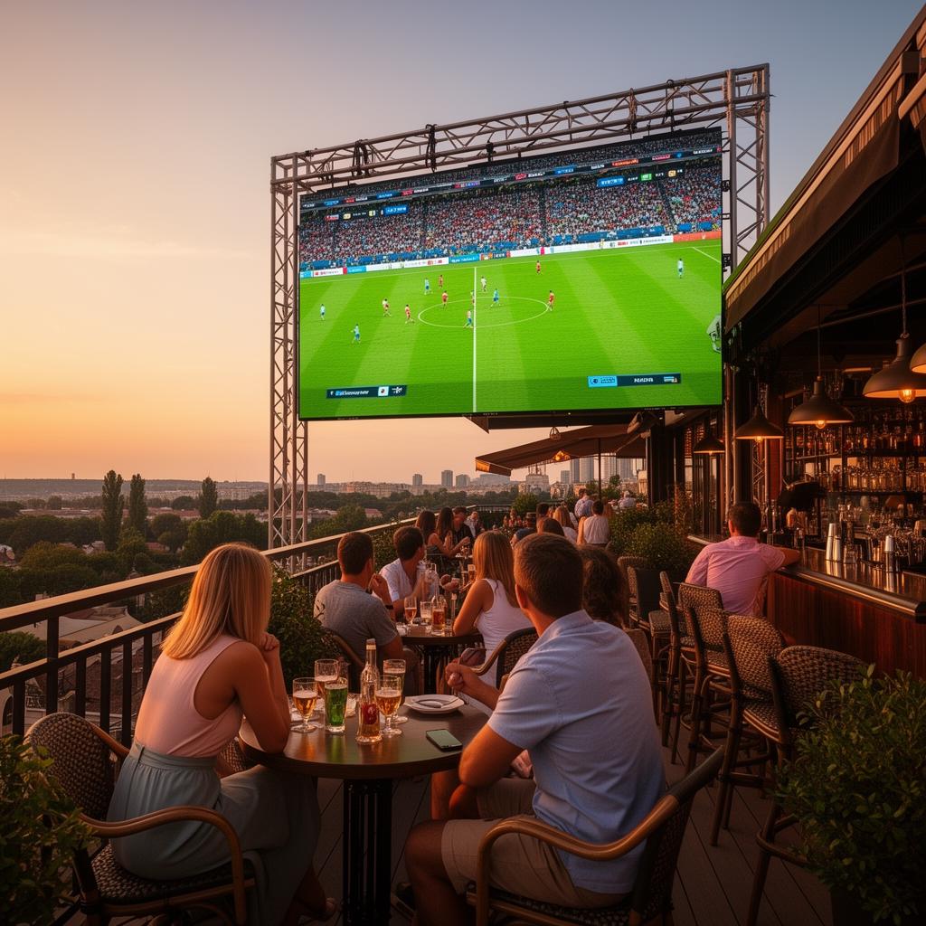Écran LED outdoor sur terrasse de bar diffusant un match de football